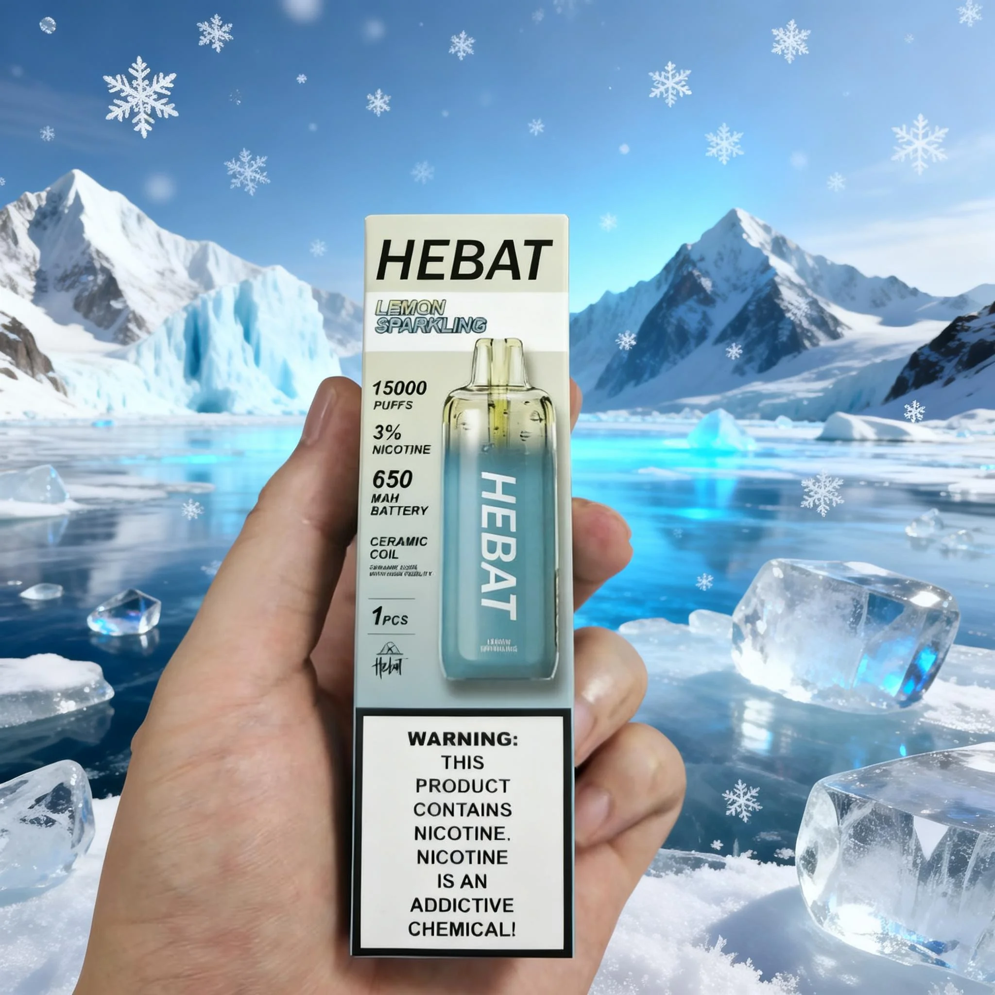 jimeng-2025-12-31-6436-将HEBAT电子烟包装盒重新设计展示场景，现代简约风格，一只手握着蓝色HEBAT...